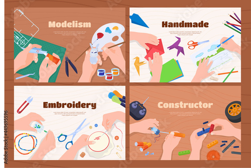 Set of handmade hobbies horizontal banner with place for text vector flat illustration