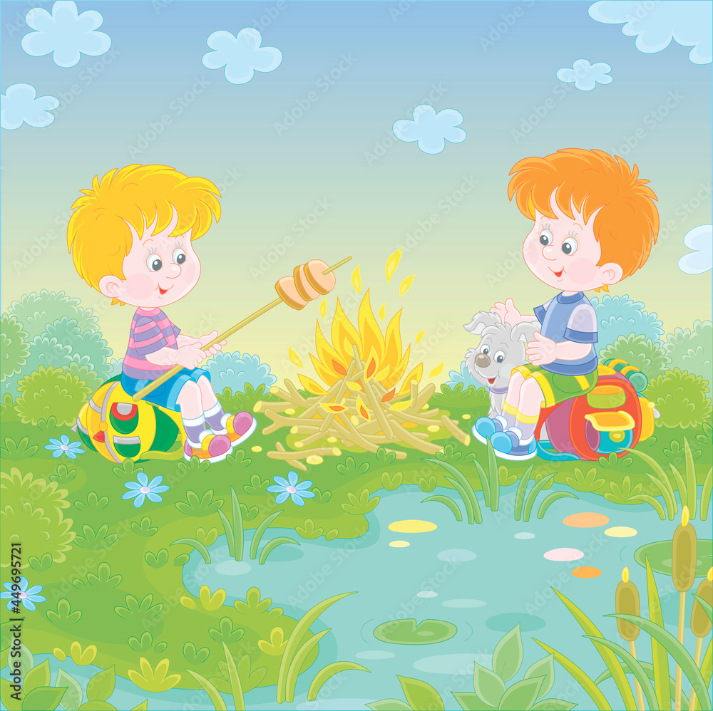 Little boy-scouts with a small pup in a forest camp, friendly smiling, talking and roasting bread on campfire, on summer vacation, vector cartoon illustration Little boy-scouts with a small pup in a forest camp, friendly smiling, talking and roasting bread on campfire, on summer vacation, vector cartoon illustration