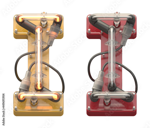 Red and Yellow neon font. Turn off, on. Letter I.