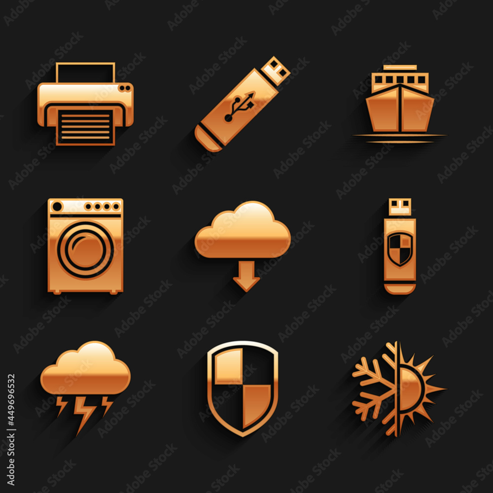Set Cloud download, Shield, Sun and snowflake, USB flash drive shield, Storm and Washer icon. Vector
