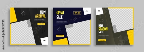 Set of Editable minimal square banner template. Blue yellow white background color with geometric shapes for social media post and web internet ads. Vector illustration