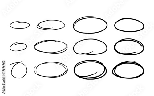 Oval empty borders set. Black round grunge frames. Hand drawn vector illustration