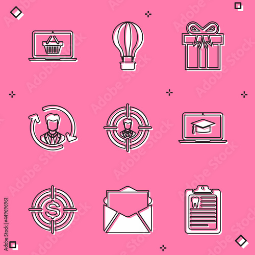 Set Shopping basket on laptop, Hot air balloon, Gift box, Human resources, Head hunting and Graduation cap icon. Vector