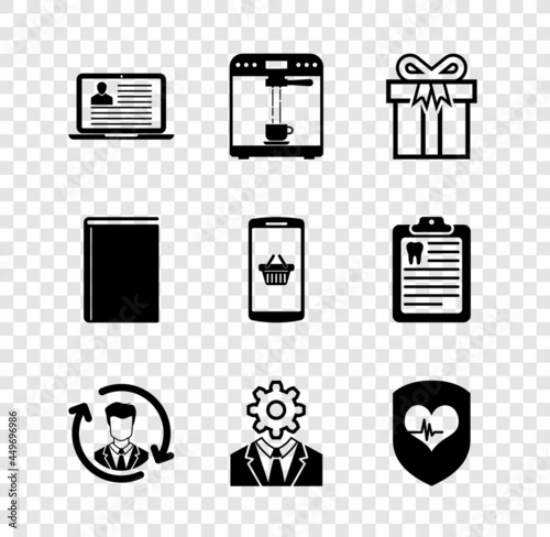 Set Laptop with resume, Coffee machine and cup, Gift box, Human resources, Head gear inside and Shield heart rate icon. Vector