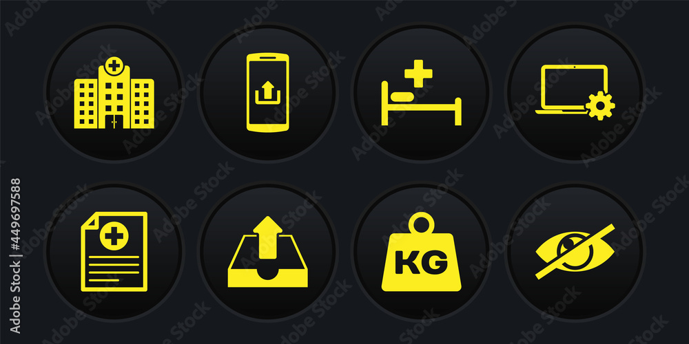 Set Clinical record, Laptop and gear, Upload inbox, Weight, Hospital bed and Smartphone with upload icon. Vector Set Clinical record, Laptop and gear, Upload inbox, Weight, Hospital bed and Smartphone with upload icon. Vector