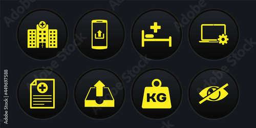 Set Clinical record, Laptop and gear, Upload inbox, Weight, Hospital bed and Smartphone with upload icon. Vector