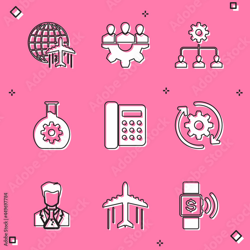 Set Globe with flying plane, Project team base, Lead management, Bioengineering, Telephone and Gear and arrows workflow icon. Vector