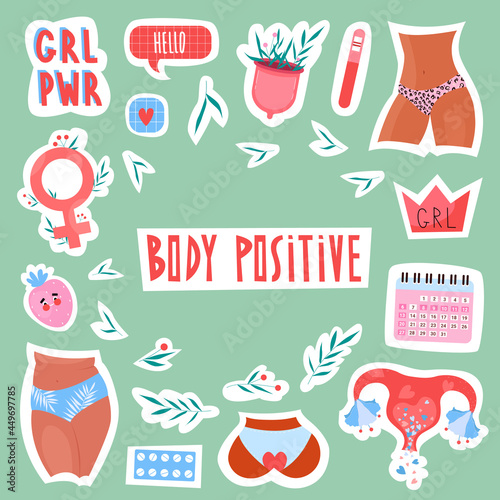 Womens stickers with uterus, calendar, menstrual cup and body positive elements and inscriptions in hand drawn style. Vector stock illustration