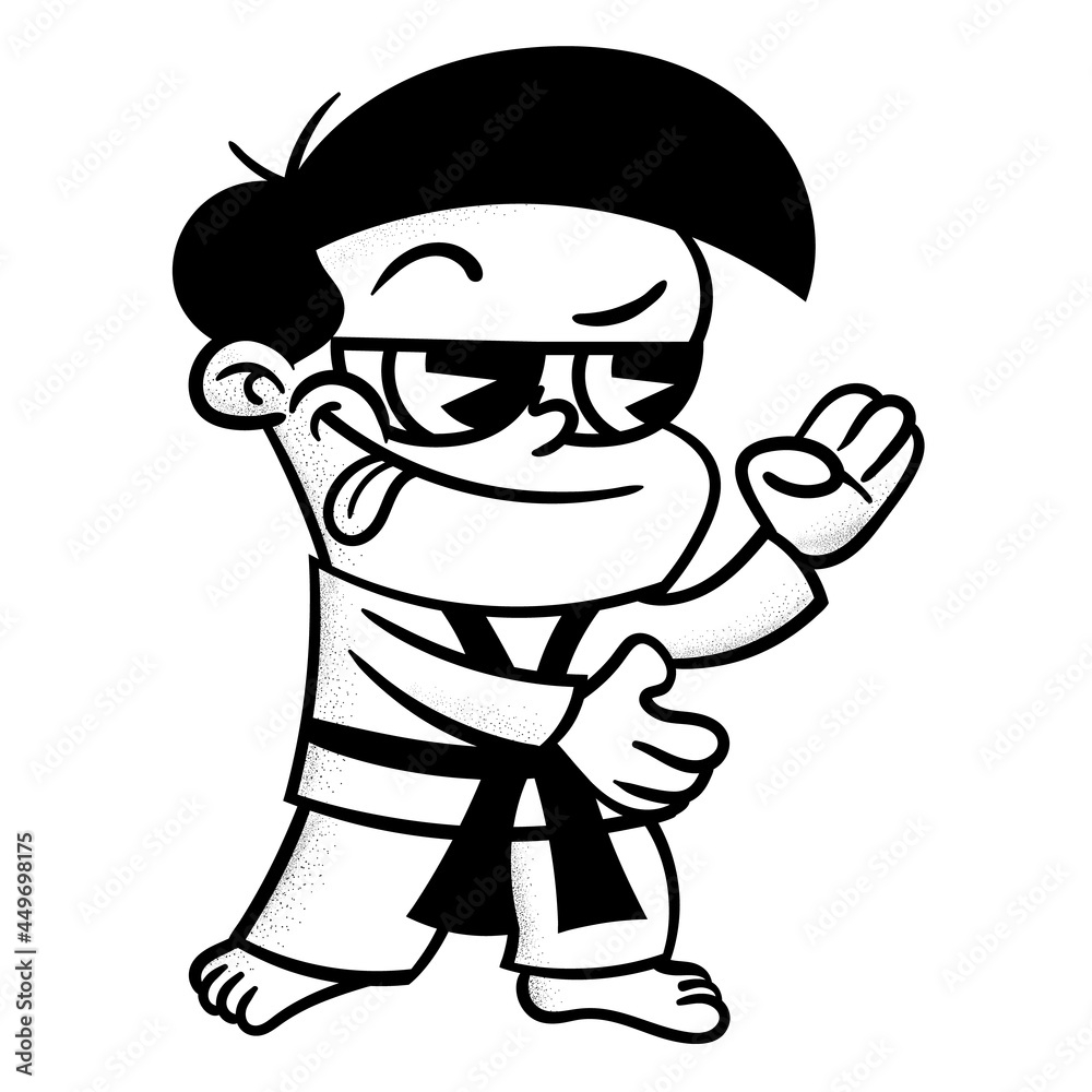 Black and white cartoon illustration of Boy wearing karate uniform put stances and get ready for fight, best for icon, logo, and mascot with martial arts themes