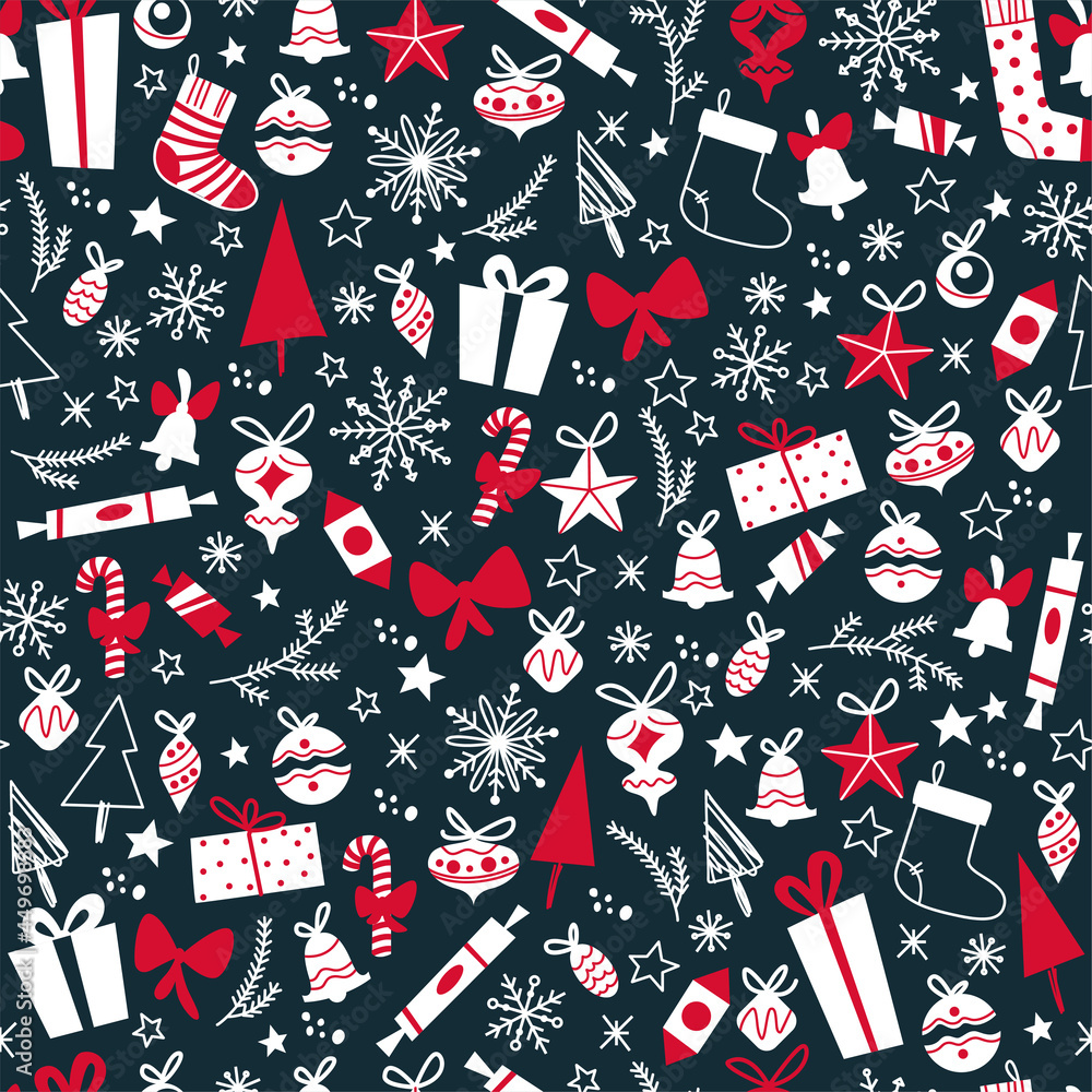 Merry Christmas seamless pattern design with gifts, fir trees, toys, snowflakes. Vector flat illustration. For cards, banners, prints, packaging, invitations.
