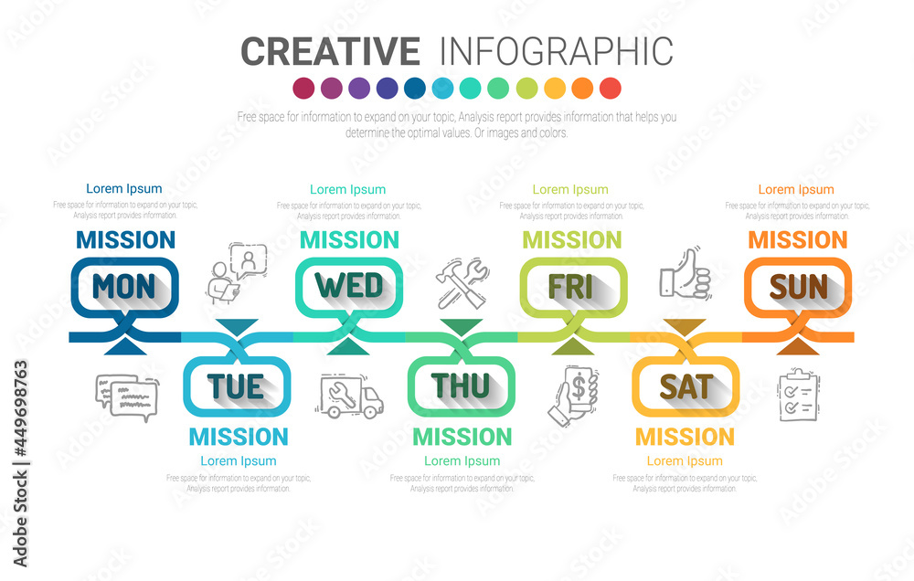 Timeline business for 7 day, 7 options, Timeline infographics design vector and Presentation business can be used for Business concept with 7steps or processes. Timeline business for 7 day, 7 options, Timeline infographics design vector and Presentation business can be used for Business concept with 7steps or processes.