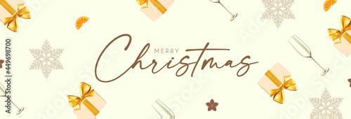Merry Christmas and Happy New 2022 Year poster template with champagne glasses, snowflakes and gift boxes. Festive header design