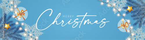 Merry Christmas and Happy New 2022 Year poster template with fir tree branch, snowflakes and gift boxes. Festive header design