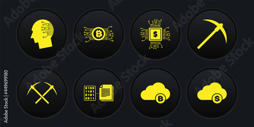 Set Crossed pickaxe, Pickaxe, Smart contract, Cryptocurrency cloud mining, Processor chip with dollar and bitcoin circuit icon. Vector