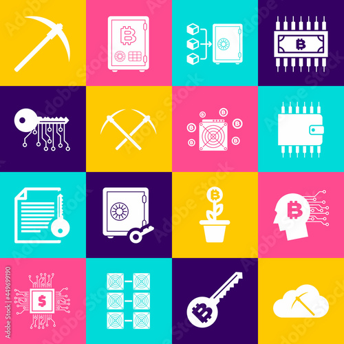 Set Cryptocurrency cloud mining, Bitcoin think, wallet, Proof of stake, Crossed pickaxe and key icon. Vector