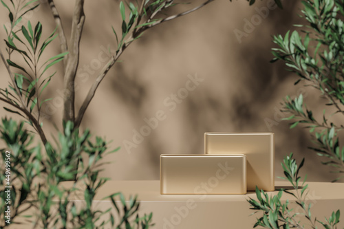 Shiny platform on beige mockup scene, blur plants foreground and plants shade background, abstract background for product presentation or ads. 3d rendering