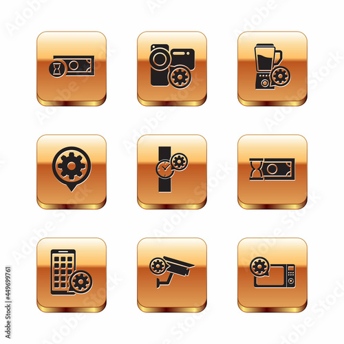Set Fast payments, Mobile Apps setting, Security camera, Wrist watch, Setting and Blender with bowl icon. Vector