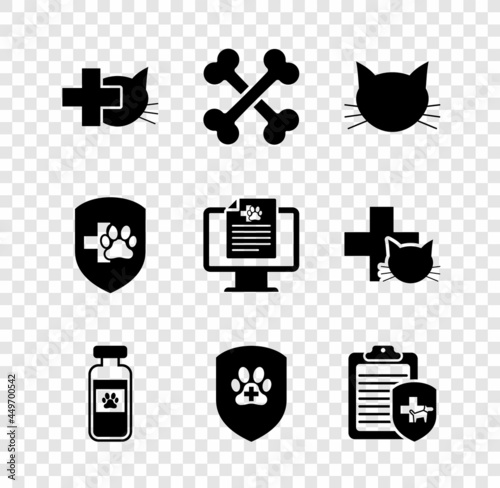 Set Veterinary clinic, Crossed bones, Cat, Pets vial medical, Animal health insurance and Clinical record pet icon. Vector