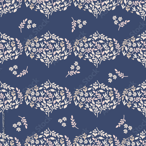 Vector seamless pattern with pink leaves and flowers on a blackberry background.