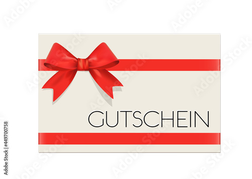 Geschenk Gutschein Karte mit rote Schleife, 
Vektor Illustration isoliert auf weißem Hintergrund