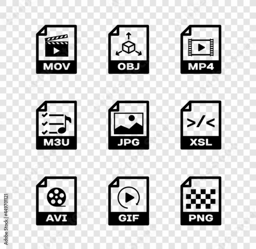 Set MOV file document, OBJ, MP4, AVI, GIF and PNG icon. Vector