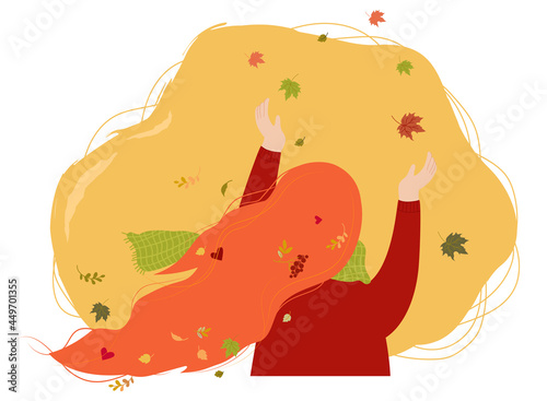 Autumn girl with long red hair and autumn leaves. Vector illustration. Character girl with autumn leaves in her hair in flat style for autumn design, decor, cards, posters and print