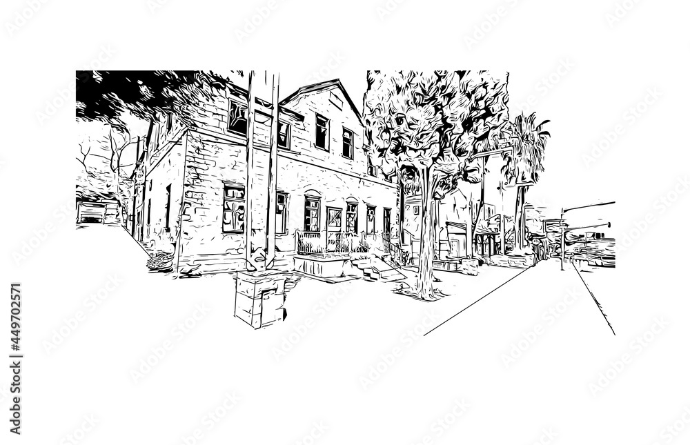 Fototapeta premium Building view with landmark of Haifa is the city in Israel. Hand drawn sketch illustration in vector tor.