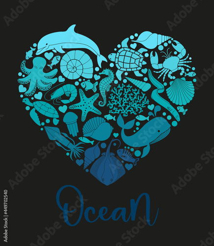 A sea or ocean of underwater life with different animals and marine objects united in a heart shape.