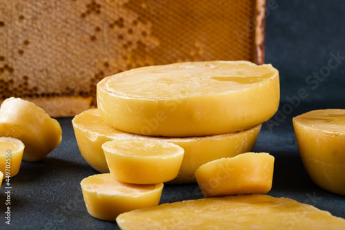 Blocks of beeswax for candle making. Raw beeswax. Handmade candle production