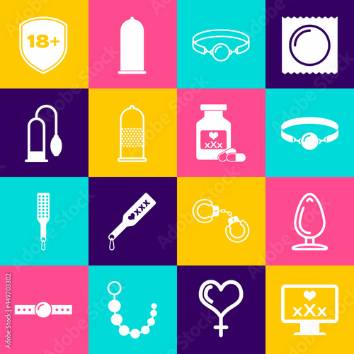 Set Monitor with 18 plus content, Anal plug, Silicone ball gag, Condom safe sex, Penis pump, Shield and Bottle pills for potency icon. Vector