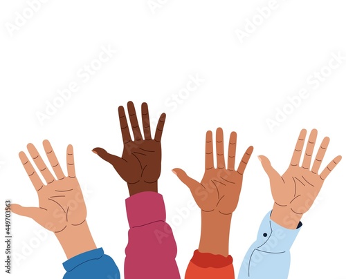 palms raised up, voting, human hands isolated on white, simple flat design