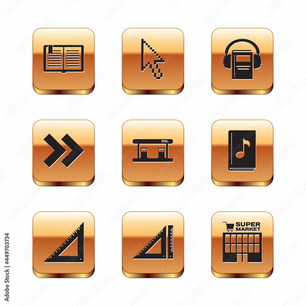Set Open book, Triangular ruler, Gas filling station, Arrow, Audio, Supermarket building and Pixel arrow cursor icon. Vector Set Open book, Triangular ruler, Gas filling station, Arrow, Audio, Supermarket building and Pixel arrow cursor icon. Vector