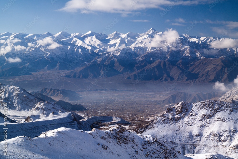 View of Stok Kangri range (6153 m) above Leh (3500 m)