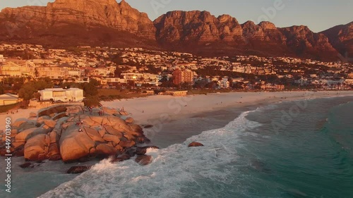 Aerial: Camps Bay at sunset, Cape Town, South Africa