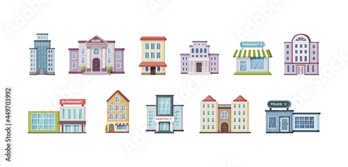 Colored urban government, private and municipal building set public place city architecture facades