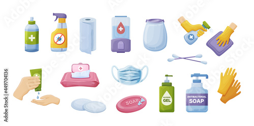 Collection hygiene product. Personal tools for cleaning, washing and antibacterial protection