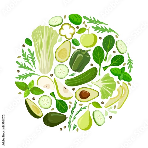 Green sfood. Green vegetables, fruits, greens in round isolated on white. Fresh organic food for menu, banner for healthy eating. Eat colors for your health. Rainbow of fruits and vegetables