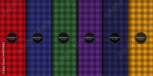 Abstract geometric picnic tablecloth seamless pattern set. Buffalo check plaid gingham checker Red, Blue, Green, Purple, Yellow. Vector illustration background .