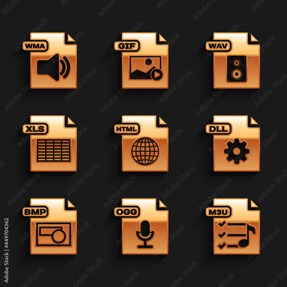 Set HTML file document, OGG, M3U, DLL, BMP, XLS, WAV and WMA icon. Vector Set HTML file document, OGG, M3U, DLL, BMP, XLS, WAV and WMA icon. Vector