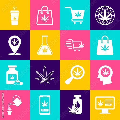 Set Online buying marijuana, Head profile with, Shopping bag, cart, Test tube, Location and, Cup coffee and icon. Vector