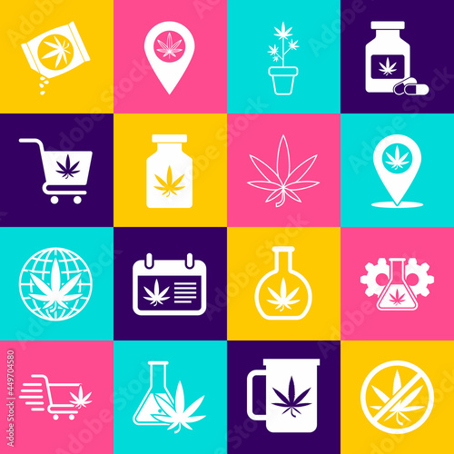 Set Stop marijuana, Test tube with, Location and, Marijuana plant in pot, Medical bottle, Shopping cart, or cannabis seeds and leaf icon. Vector