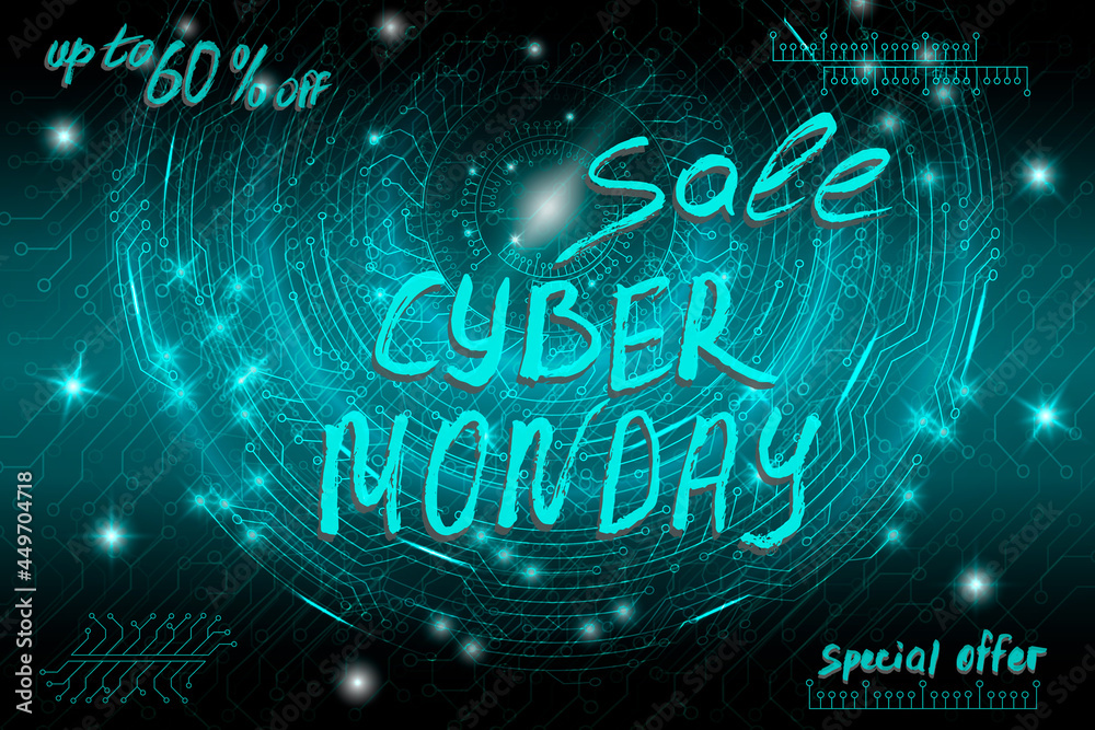 Blue futuristic technological background in cyberpunk style. Cyber monday. The inscription is painted by hand with brush. Lettering for design of postcards, calendar, poster, banner. Horizontal format Blue futuristic technological background in cyberpunk style. Cyber monday. The inscription is painted by hand with brush. Lettering for design of postcards, calendar, poster, banner. Horizontal format