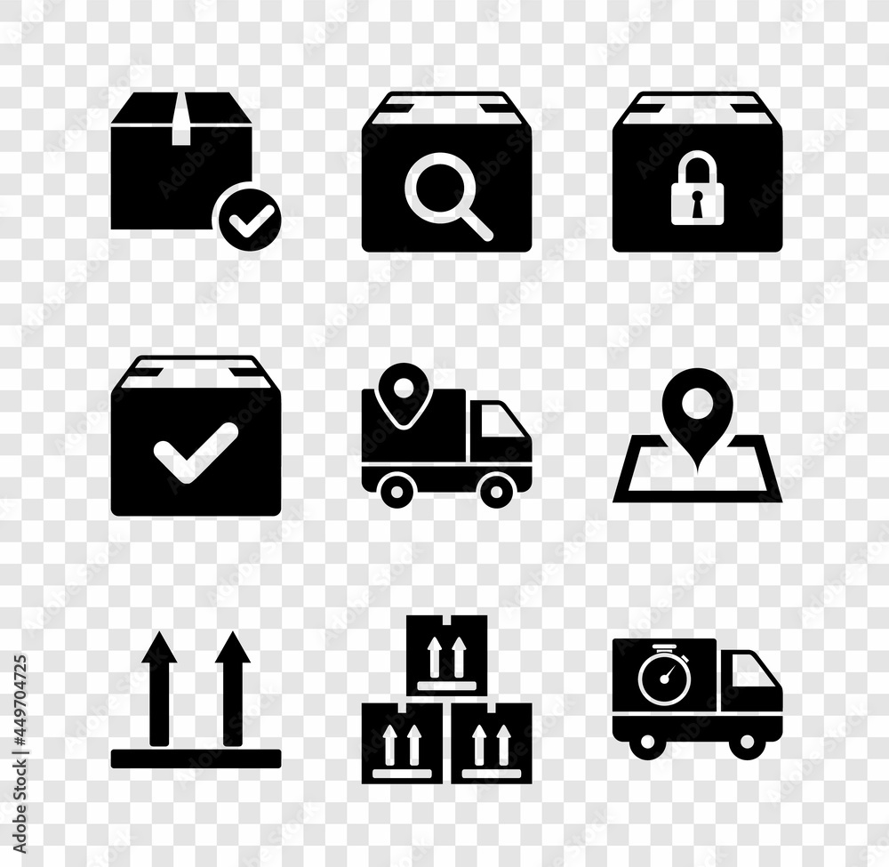 Set Package box with check mark, Search package, Locked, This side up, Cardboard traffic, Delivery truck and stopwatch, and tracking icon. Vector Set Package box with check mark, Search package, Locked, This side up, Cardboard traffic, Delivery truck and stopwatch, and tracking icon. Vector