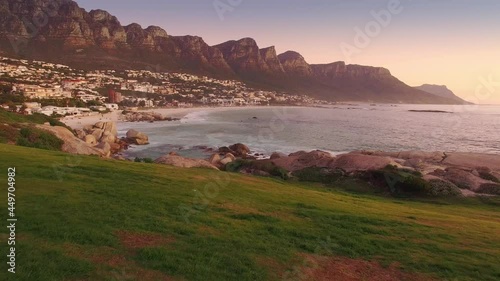 Aerial: Camps Bay at sunset, Cape Town, South Africa