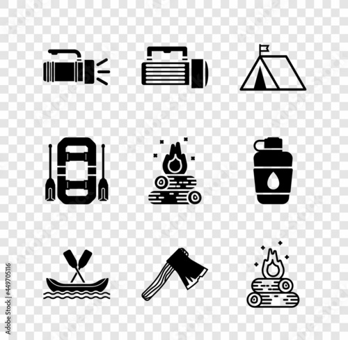 Set Flashlight, Tourist tent with flag, Rafting boat, Old wooden axe, Campfire, and icon. Vector