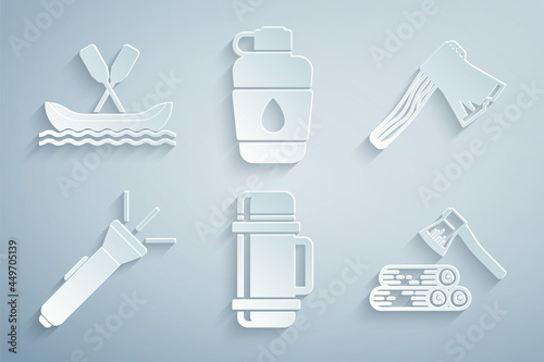 Set Thermos container, Old wooden axe, Flashlight, Wooden and, Canteen water bottle and Rafting boat icon. Vector