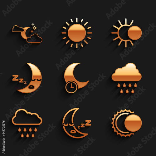 Set Sleeping moon, Moon icon, Eclipse of the sun, Cloud with rain, and and stars icon. Vector