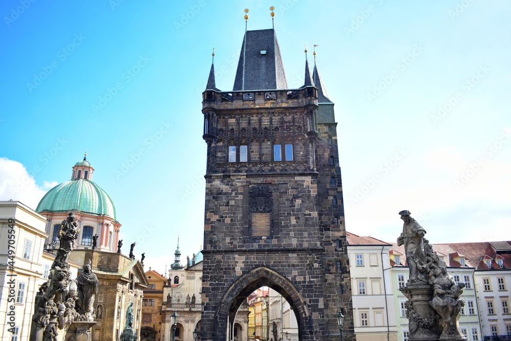Fototapeta premium Charles Bridge is a historic bridge Cross the Vltava River in Prague, Czech Republic. This bridge was built instead of the Jude Bridge that had been damaged by the flood.