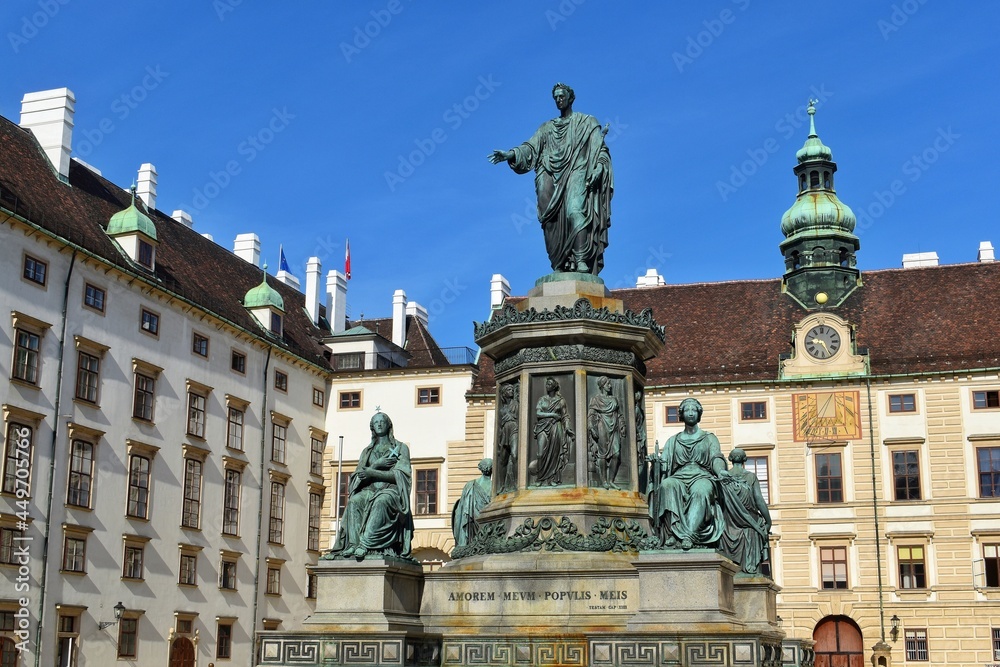 Beautiful view of Kaiser Franz I Monument in the courtyard of Hofburg Imperial palace, Vienna, Austria.