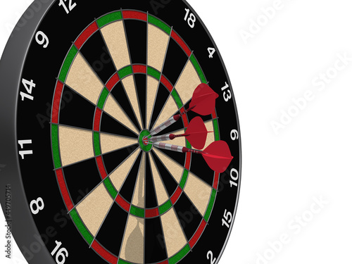 darts hit on Dartboard  white background close up, 3DCG illustration
